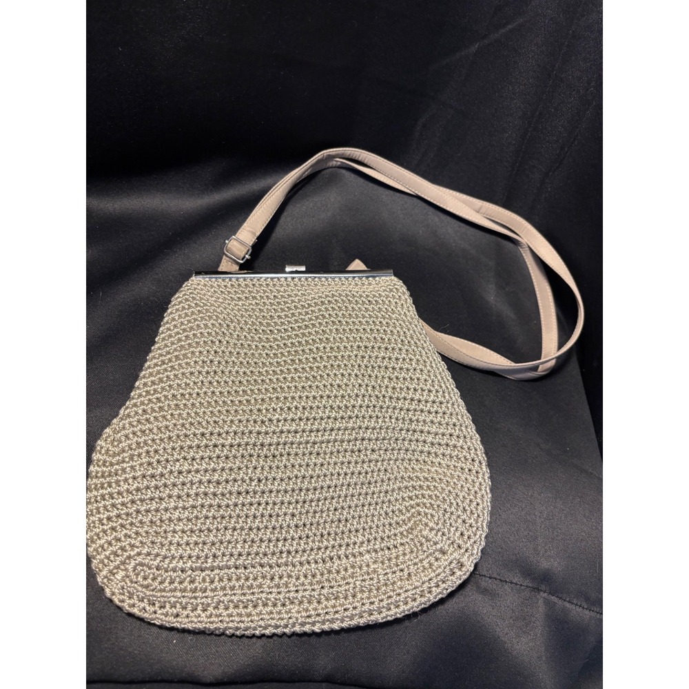 Vintage Style‎ Crochet Kiss Lock Crossbody Bag Taupe Knit Silver Hardware